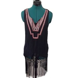 NWT Shoreline Black Embroidered Fringe Tunic Size S/M Boho Festival Top